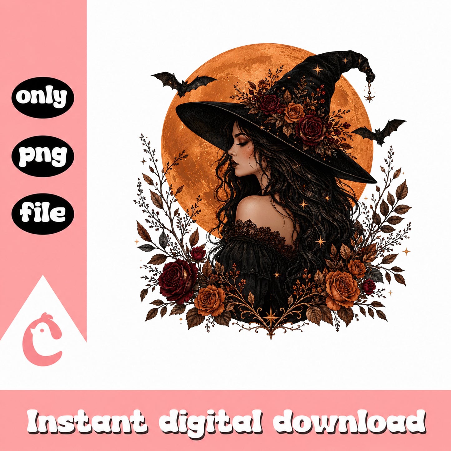 Witch Boho Floral PNG, Halloween Moon Witch PNG, Clipart PNG