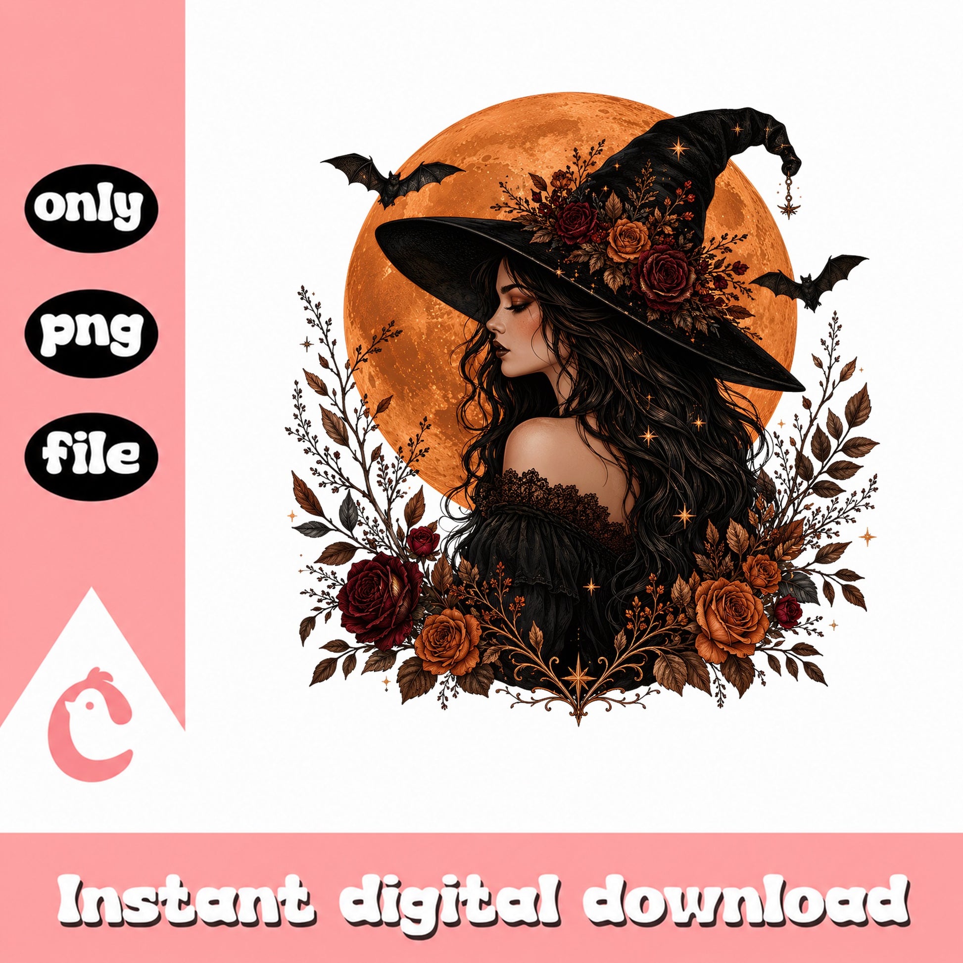 Witch Boho Floral PNG, Halloween Moon Witch PNG, Clipart PNG