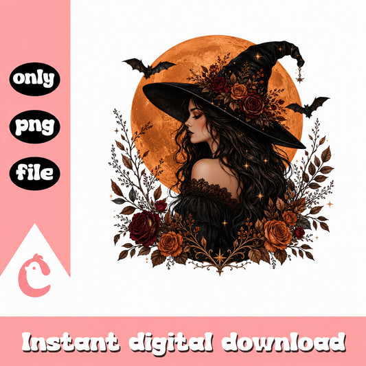 Witch Boho Floral PNG, Halloween Moon Witch PNG, Clipart PNG