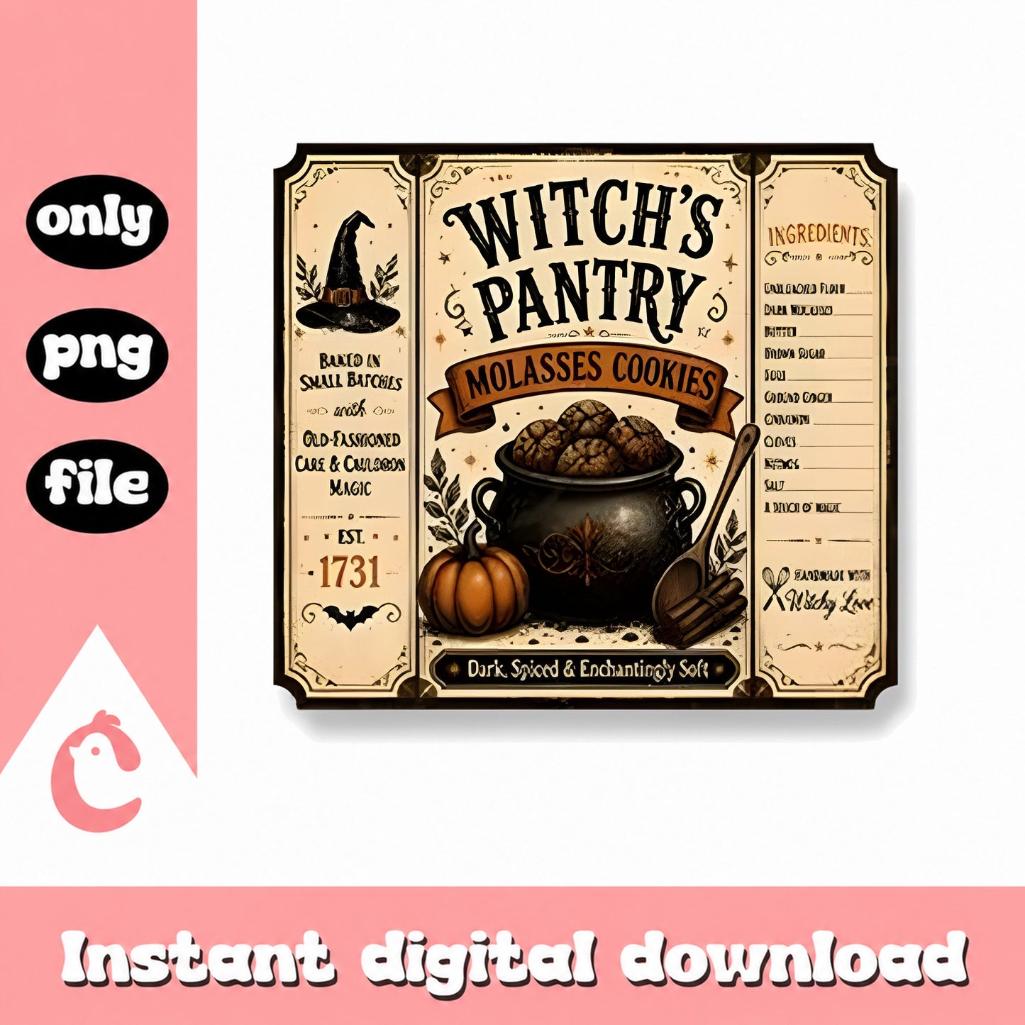 Witch's Pantry Molasses Cookies, Halloween Kitchen Decor, PNG