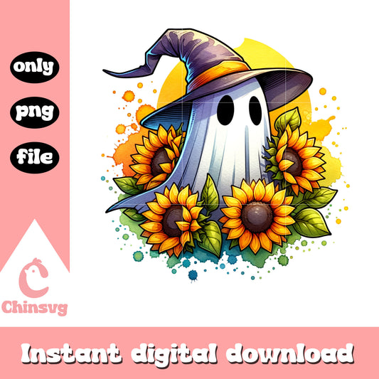 Witch ghost sun flower design png, halloween ghost png