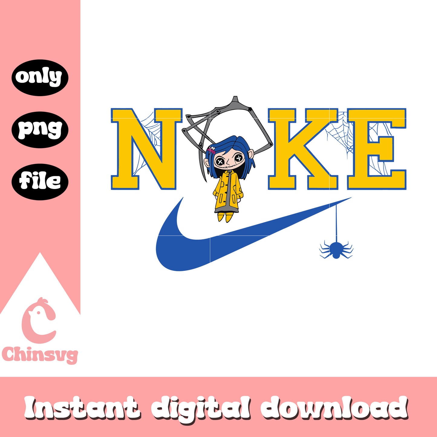 Witch girl button eyes nike logo png, coraline for halloween png