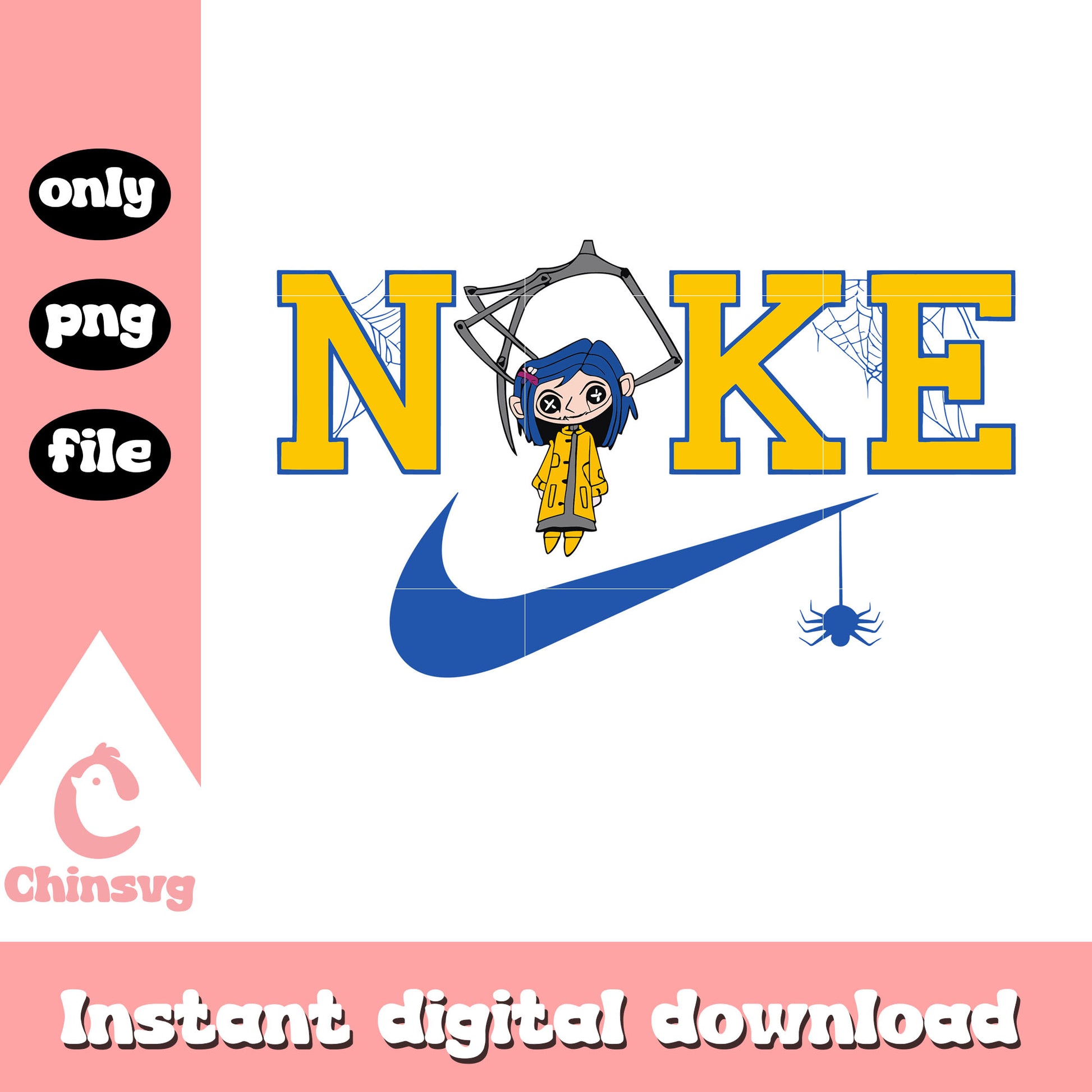 Witch girl button eyes nike logo png, coraline for halloween png