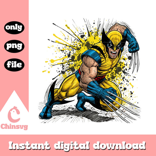 Wolverine posing splatter effect design png, wolverine character png