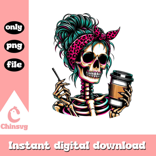 Woman skeleton and coffee cup png, messy bun png, coffee png