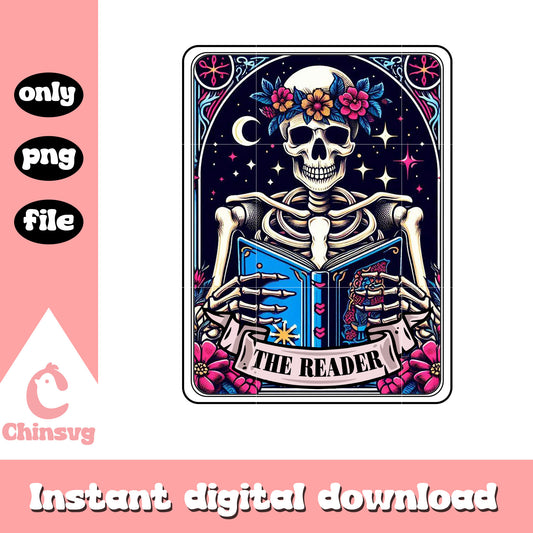Woman skeleton reading book png, reader tarot card png, tarot png