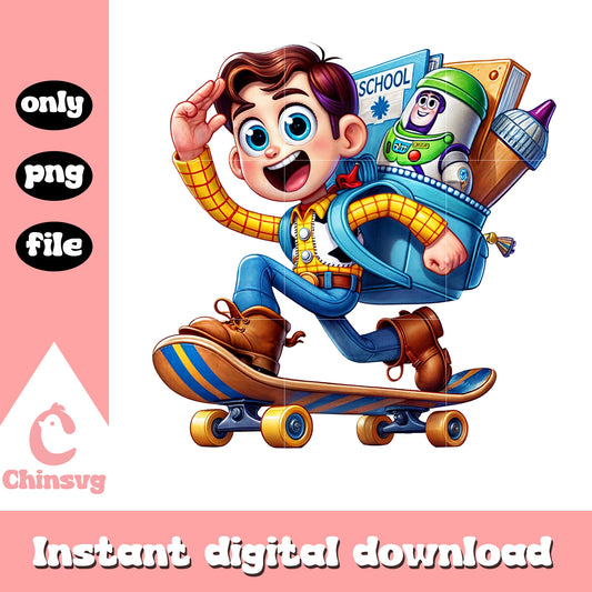 Woody skateboarding to school design png, woody character png