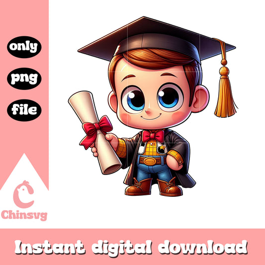 Woody toy story graduation day design png, woody chibi png