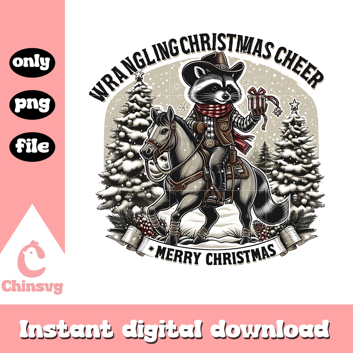 Wrangling christmas cheer raccoon png, christmas raccoon png