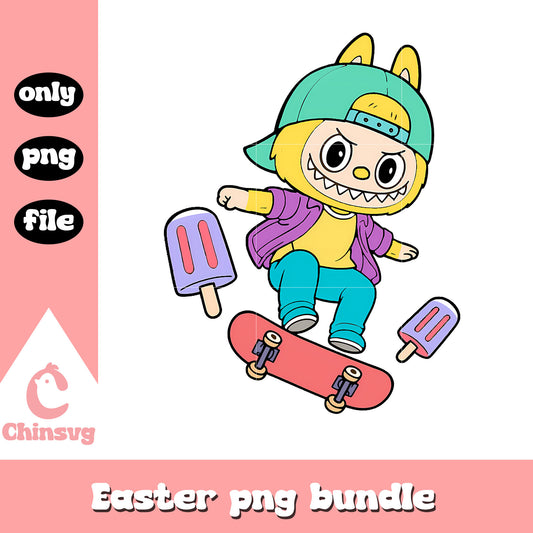 Yellow cool skater labubu cute doll design png, labubu clipart png
