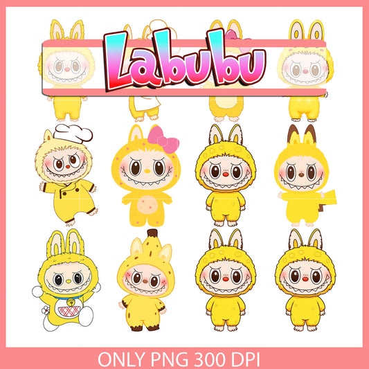 Yellow labubu clipart bundle png, labubu characters png