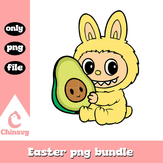Yellow labubu hand avocado doll design png, baby labubu png