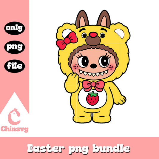 Yellow strawberry bear labubu cute doll png, clipart labubu png