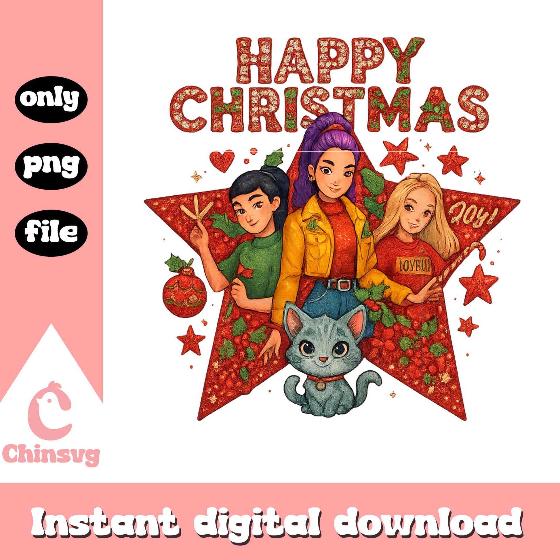 happy christmas huntrix girl band design png, happy christmas png