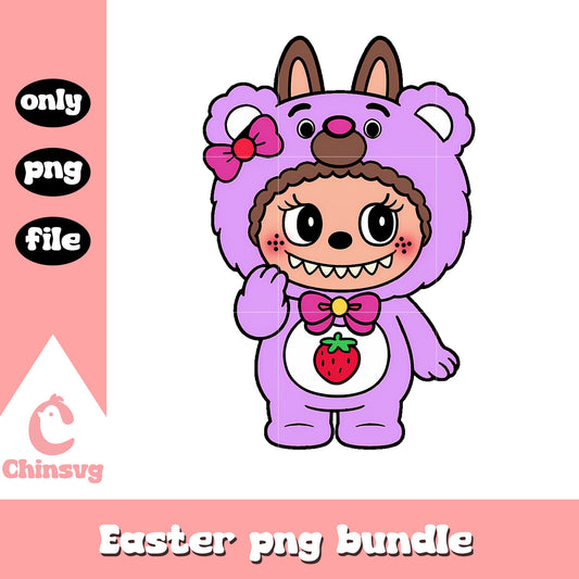 light purple strawberry bear labubu cute doll png, purple labubu png