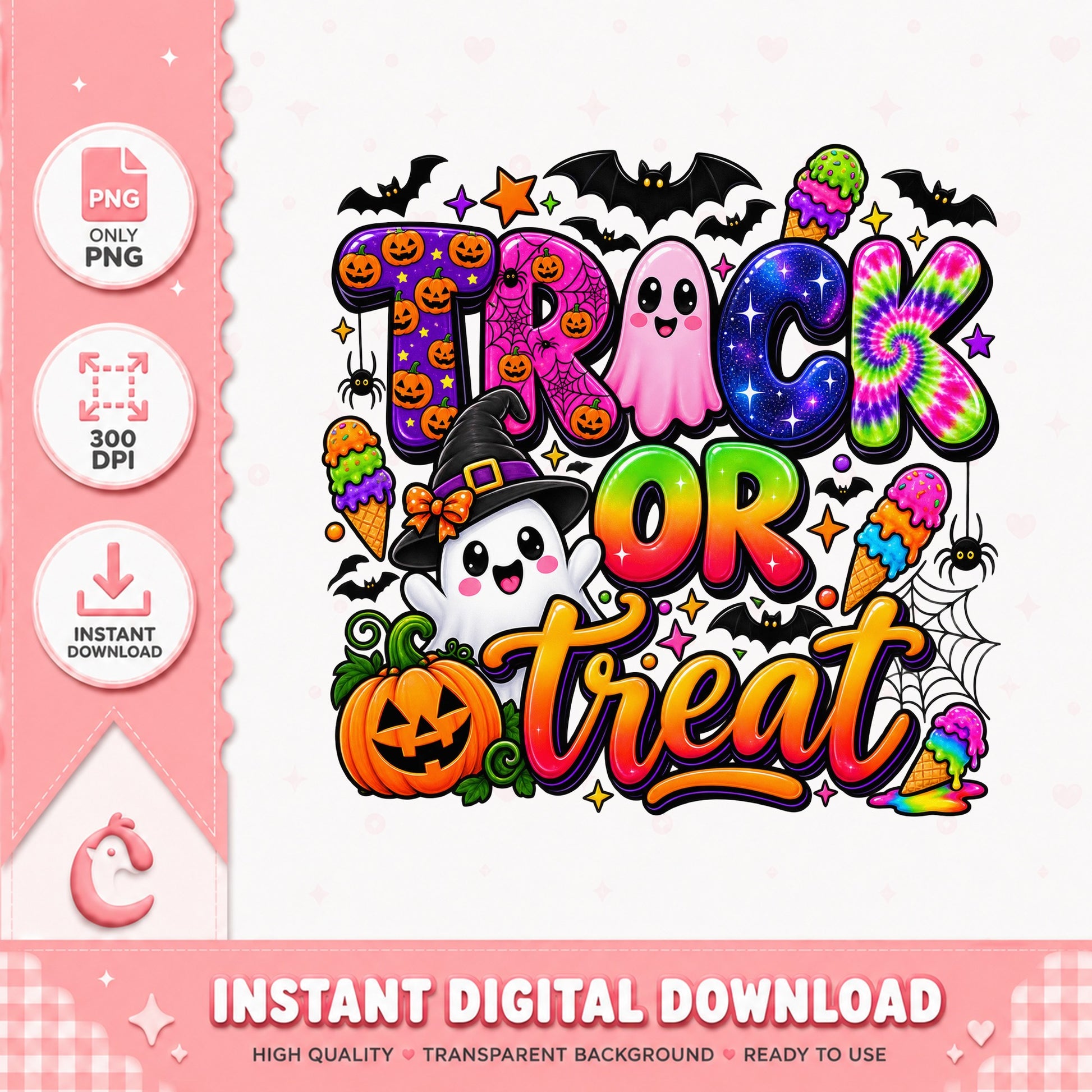 Trick Or Treat Halloween PNG, Cute Ghost Pumpkin, Sublimation PNG