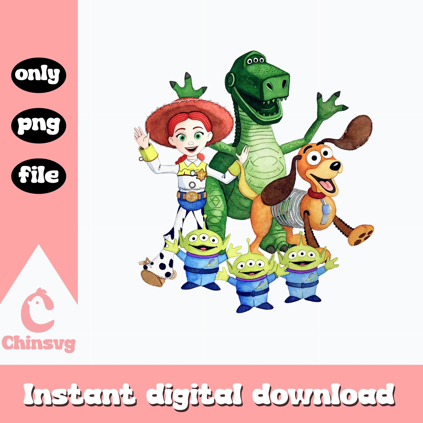 Toy Story Characters PNG, Jessie Rex Slinky Aliens PNG, Disney PNG