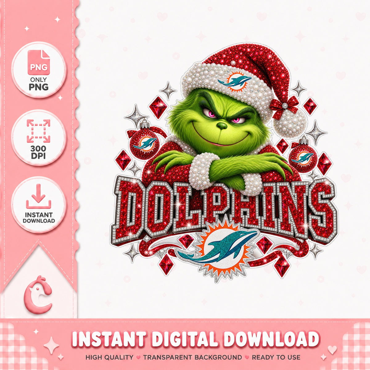 Miami Dolphins Grinch Christmas PNG, NFL Holiday Decor, PNG