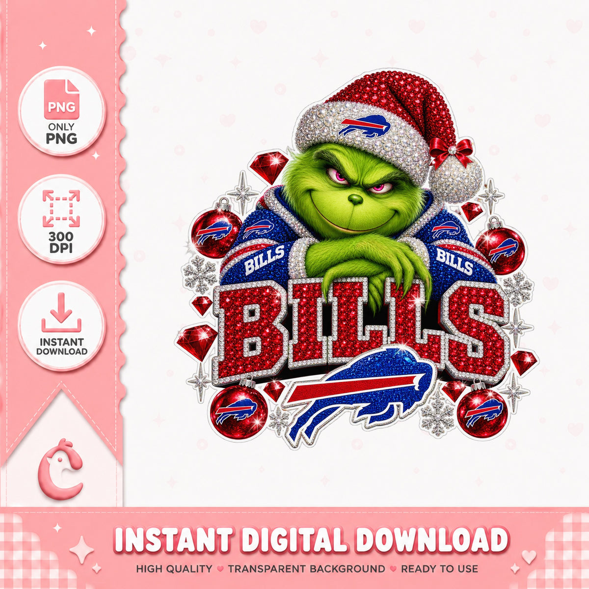 Grinch Buffalo Bills Christmas PNG, NFL Football Ornament, Santa Hat PNG