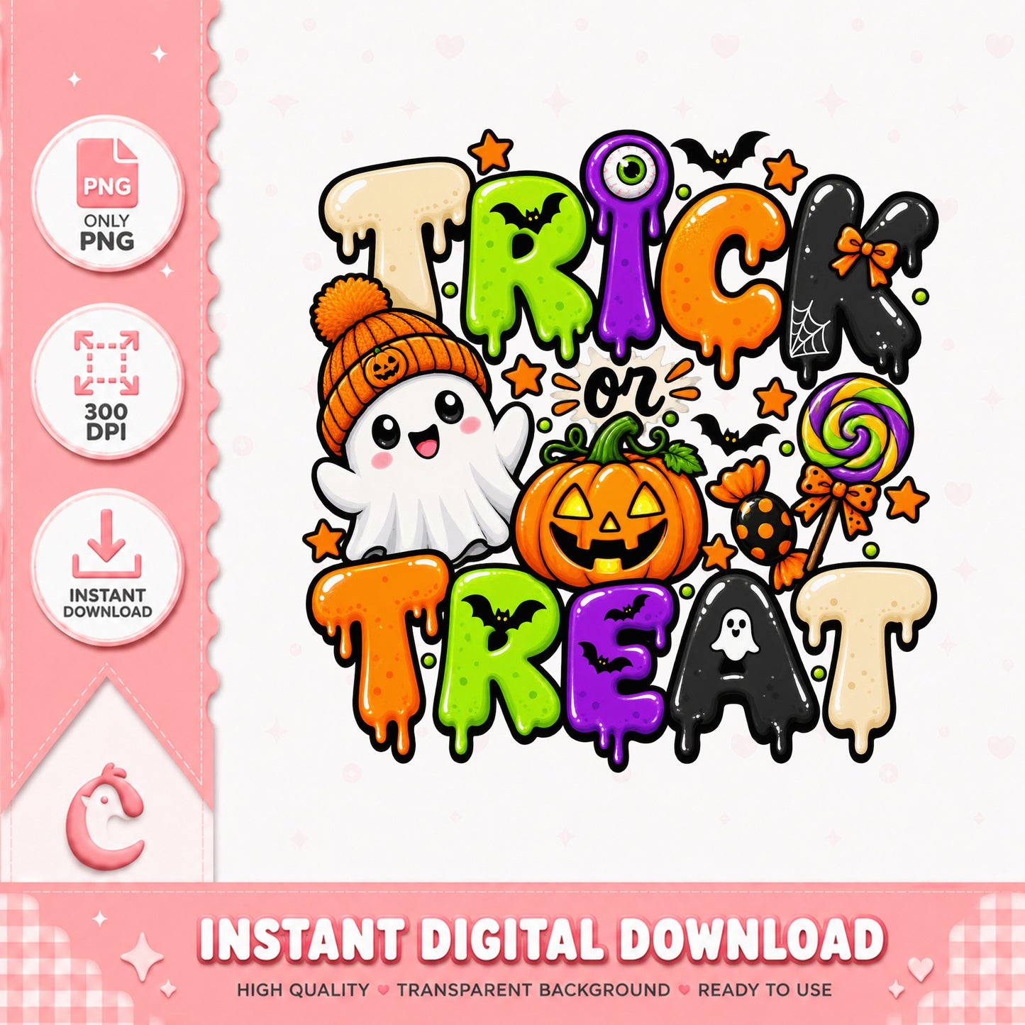 Trick Or Treat Halloween PNG, Cute Ghost Pumpkin, Sublimation PNG