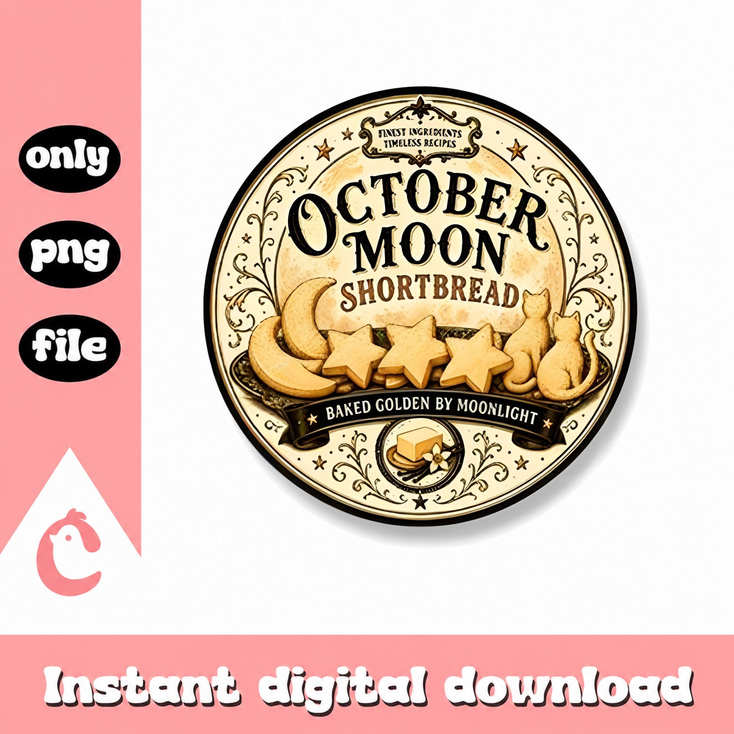 October Moon Shortbread Label, Halloween Cookie Tin, PNG File