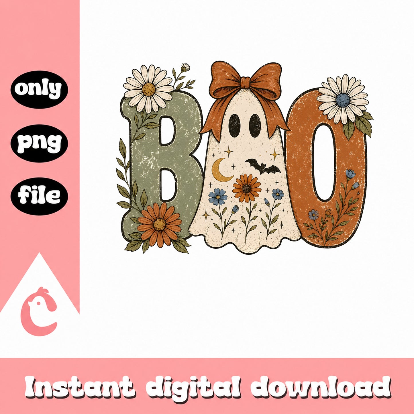 Boho Boo Ghost Floral Halloween PNG, Retro Ghost PNG, Halloween PNG