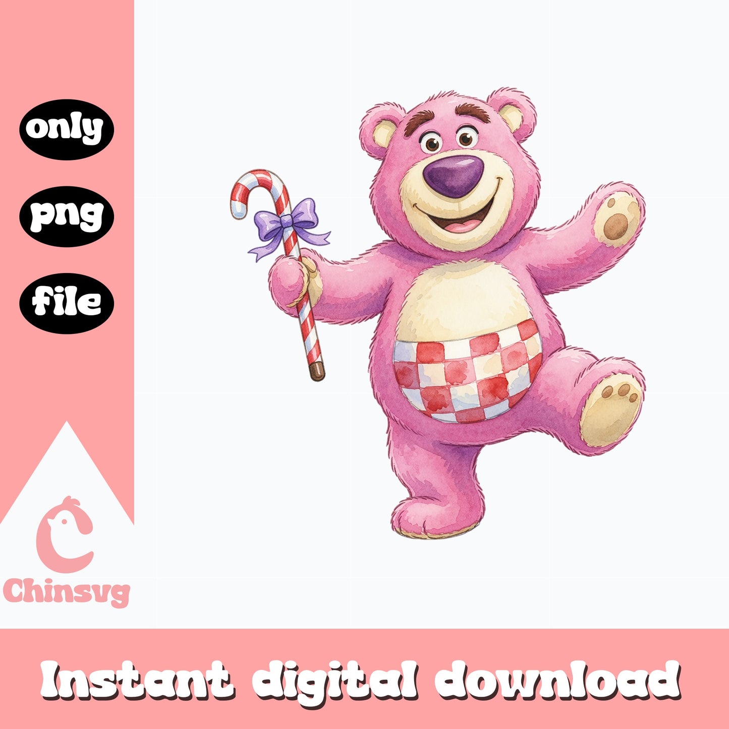 Lotso Bear Christmas PNG, Toy Story Disney PNG, Candy Cane PNG