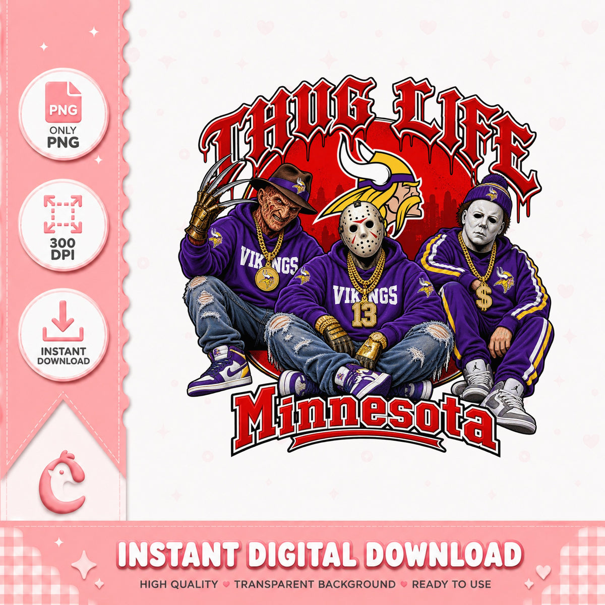 Thug Life Minnesota Vikings PNG, Horror Characters PNG Bundle, PNG