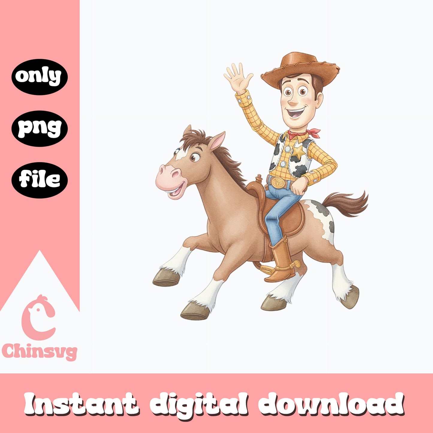 Woody Riding Bullseye Toy Story PNG, Disney Pixar PNG, Cowboy PNG