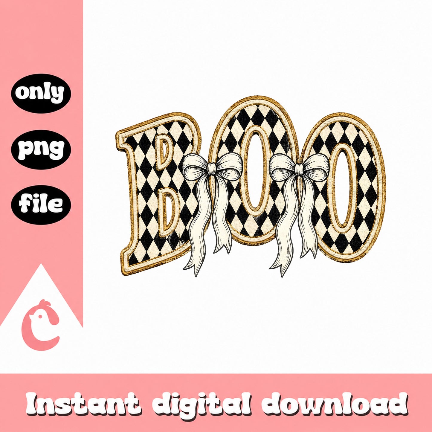 Boo Halloween Checkered Pattern, Ribbon Bow Design, PNG File