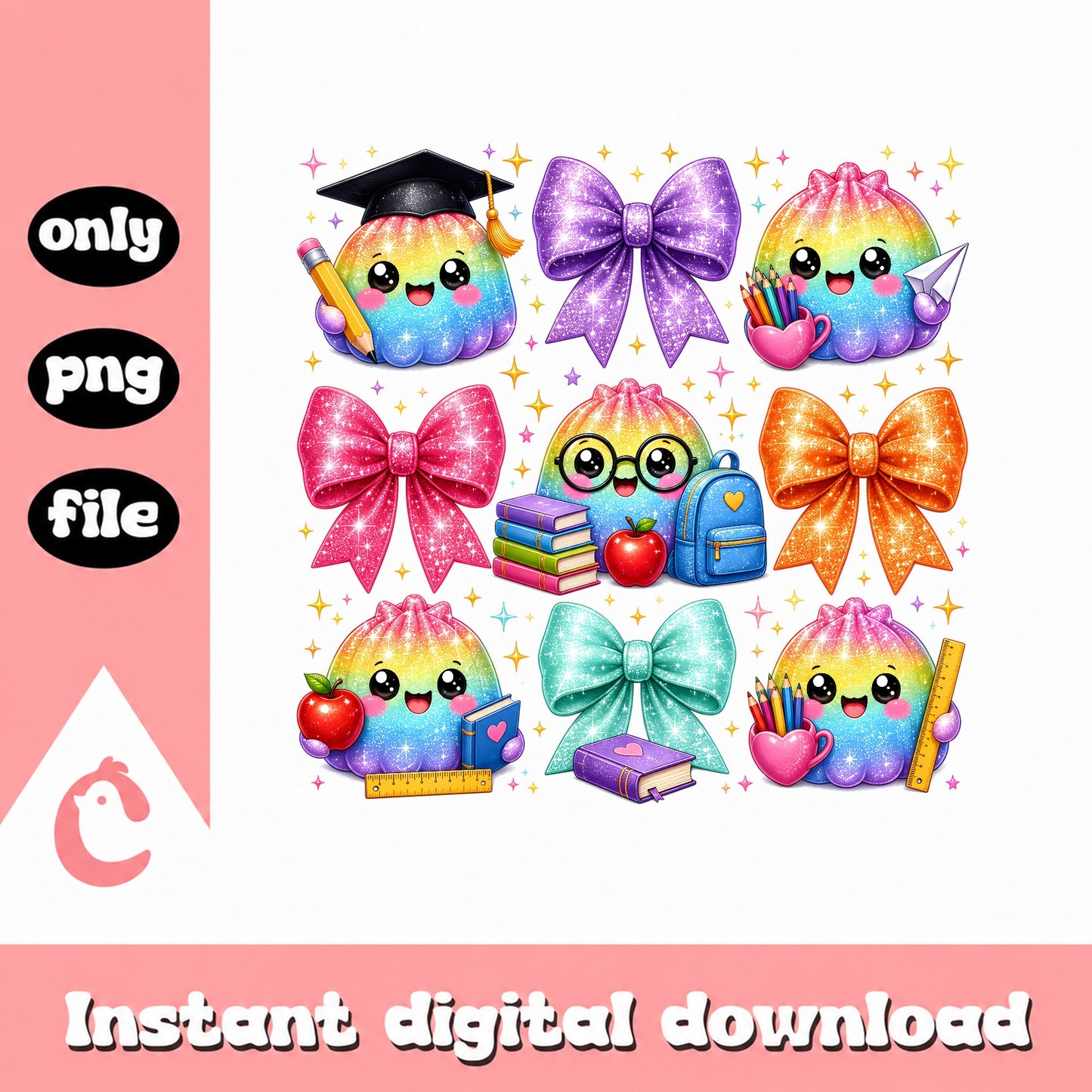 Rainbow Pumpkin Back To School Clipart, Glitter Bow PNG, PNG