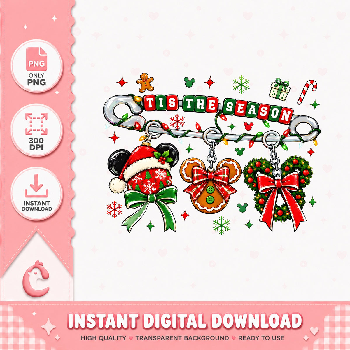 Tis The Season Mickey Charms PNG, Gingerbread Xmas PNG, Pin PNG