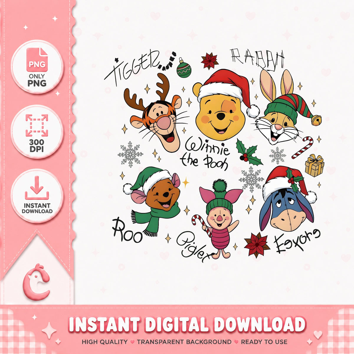 Winnie The Pooh Christmas Faces PNG, Tigger Xmas PNG, Eeyore Roo PNG