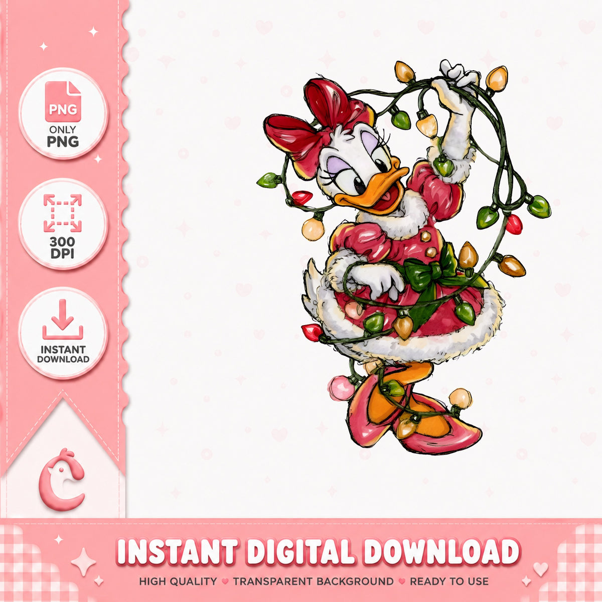 Daisy Duck Christmas Lights PNG, Watercolor Daisy PNG, Santa Dress PNG