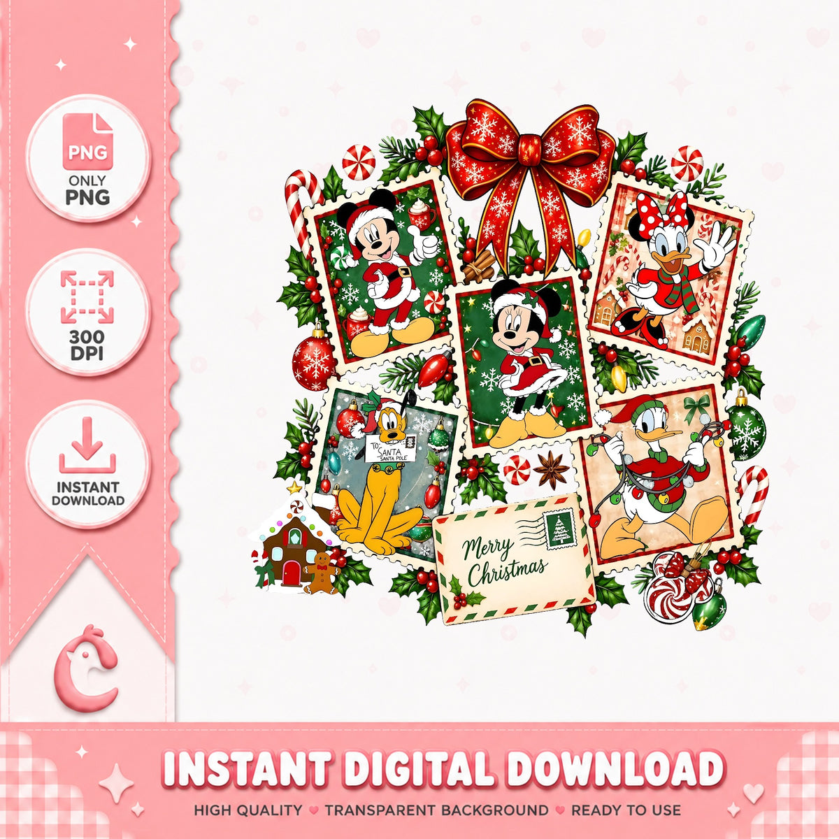 Mickey Friends Christmas Stamps PNG, Minnie Daisy Xmas PNG, Holly PNG