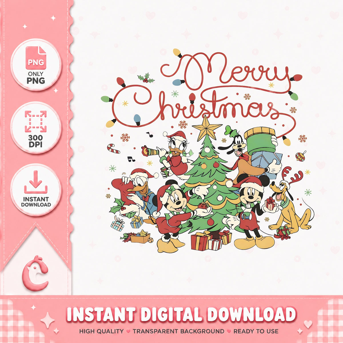Mickey Friends Merry Christmas Tree PNG, Retro Xmas PNG, Lights PNG