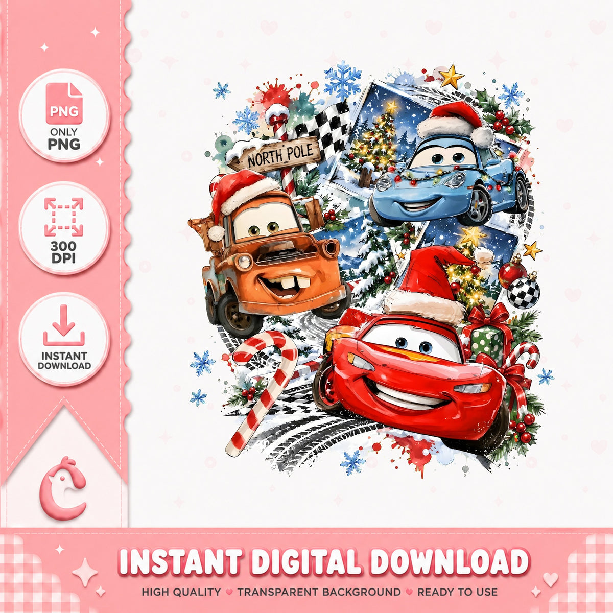 Cars North Pole Christmas PNG, McQueen Mater Xmas PNG, Candy Cane PNG