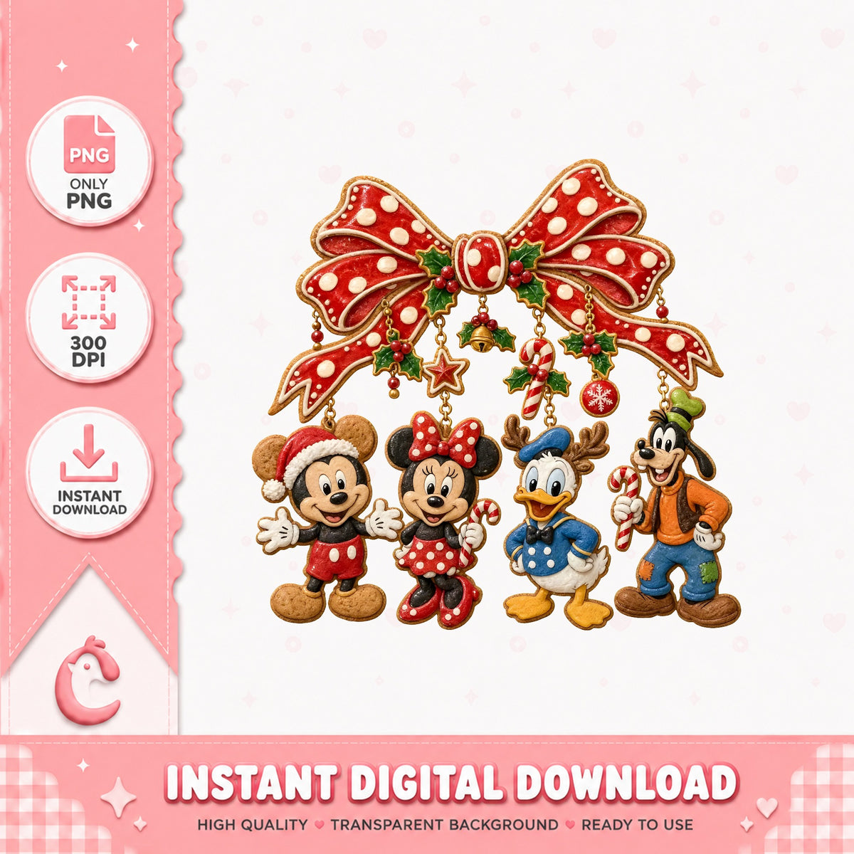 Mickey Friends Gingerbread Bow PNG, Cookie Xmas PNG, Coquette PNG