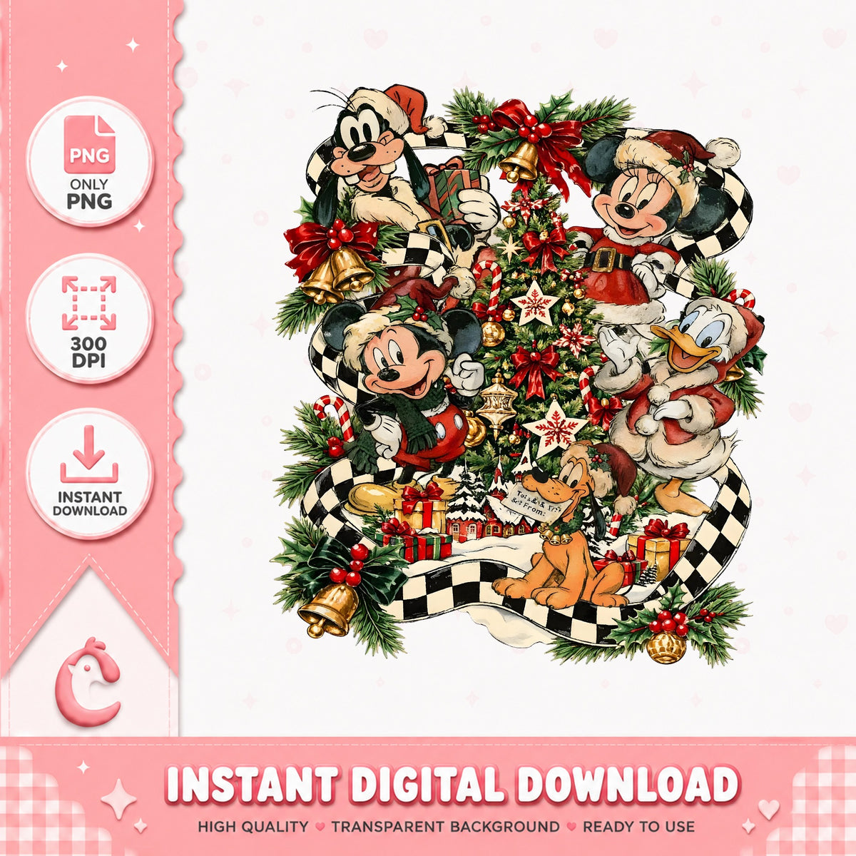 Mickey Friends Checkered Christmas PNG, Vintage Xmas PNG, Retro PNG