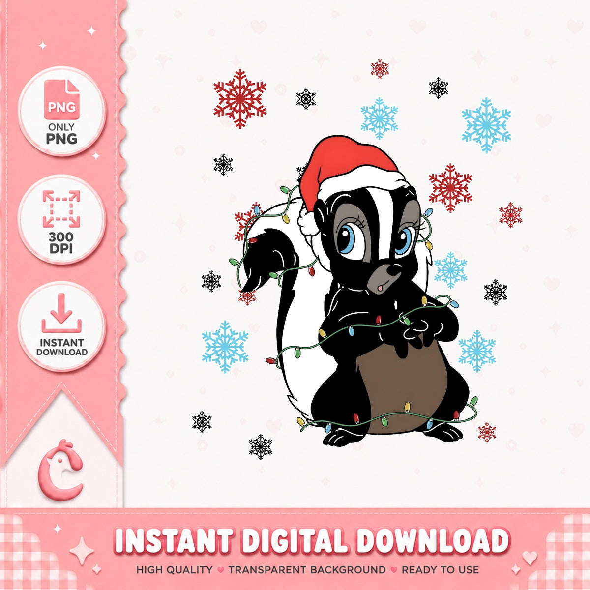 Flower Skunk Christmas Lights PNG, Bambi Friends PNG, Santa Hat PNG