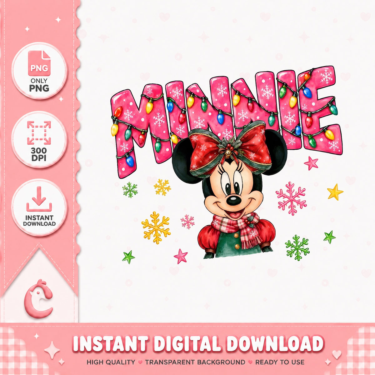 Minnie Christmas Name PNG, Pink Minnie Bow PNG, Christmas Lights PNG