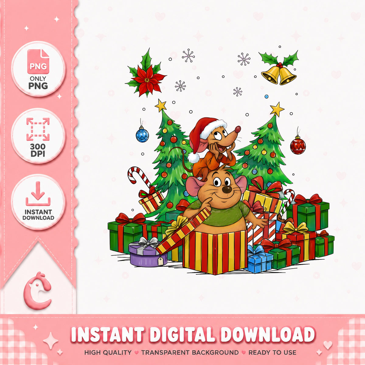 Gus Jaq Christmas Gift PNG, Cinderella Mice Xmas PNG, Presents PNG