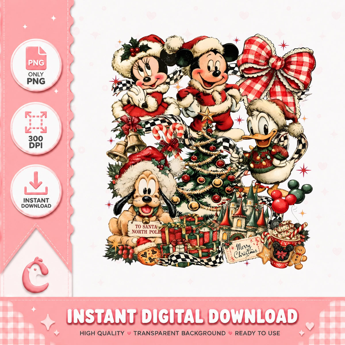 Vintage Mickey Friends Christmas PNG, Santa Minnie Xmas PNG, Plaid PNG