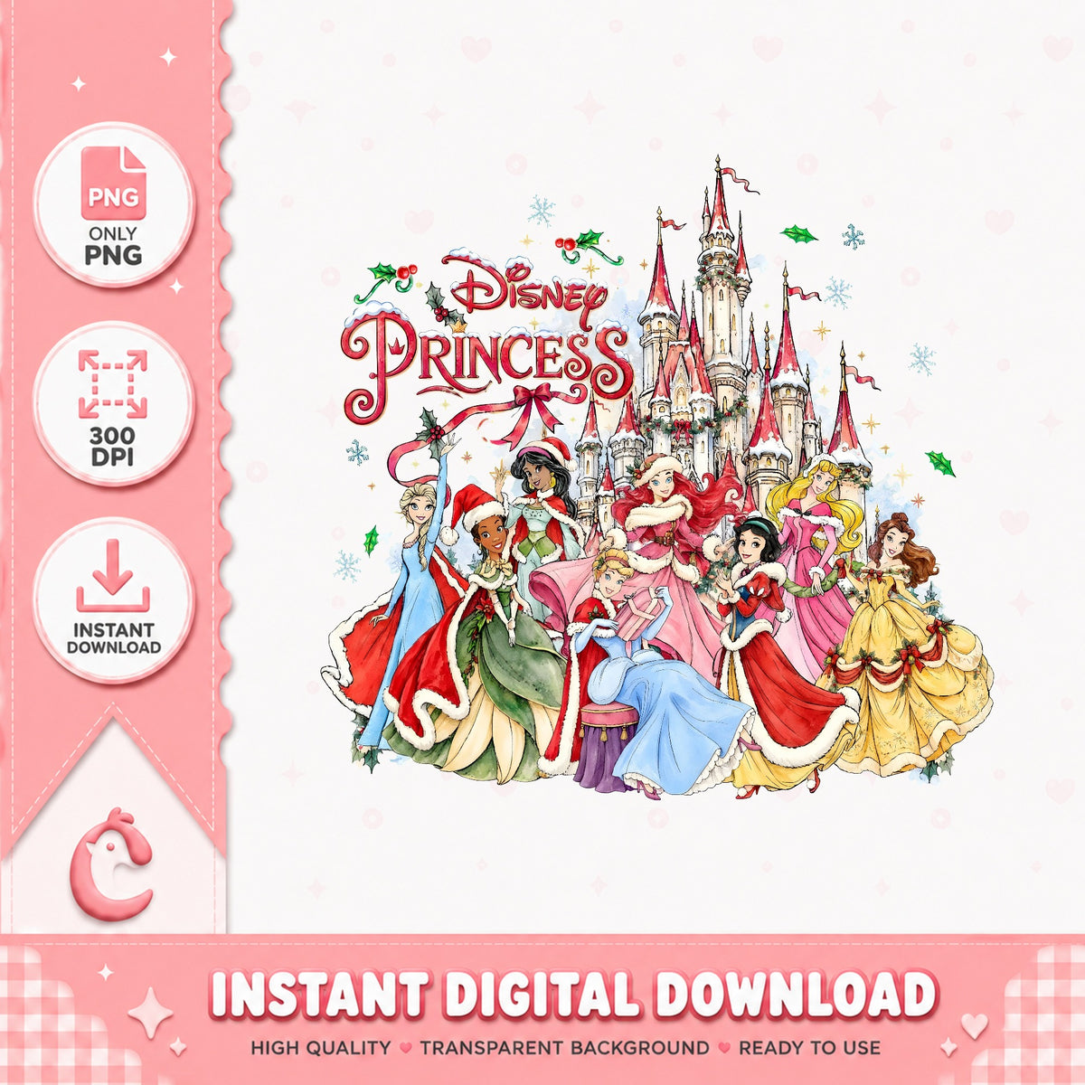 Disney Princess Christmas Castle PNG, Belle Ariel Xmas PNG, Royal PNG