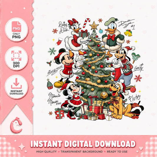 Mickey Friends Decorating Tree PNG, Disney Xmas PNG, Signature PNG