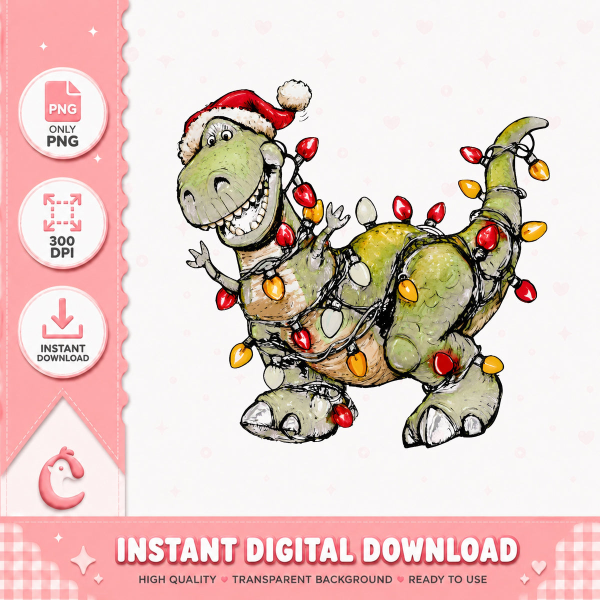 Rex Dinosaur Christmas Lights PNG, Toy Story Xmas PNG, Dino Santa PNG