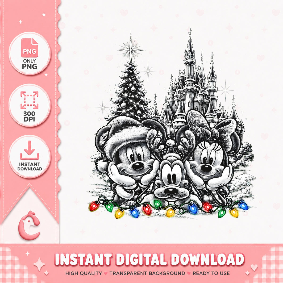 Mickey Minnie Castle Christmas Sketch PNG, Vintage Xmas PNG, Goofy PNG