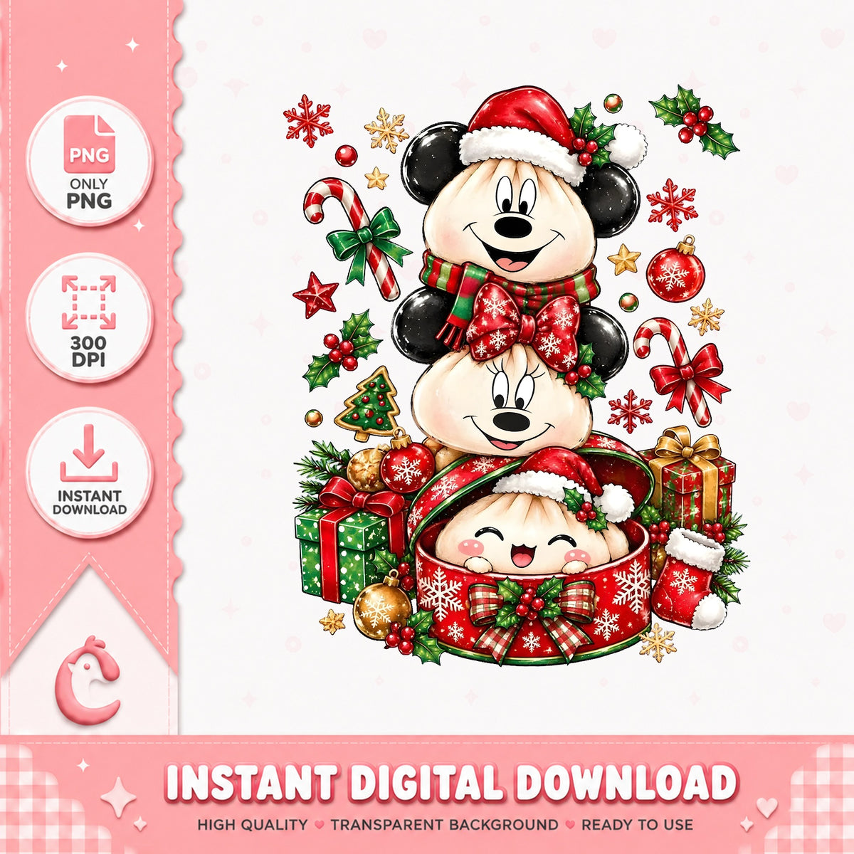 Mickey Minnie Christmas Dumplings PNG, Bao Bun Xmas PNG, Kawaii PNG