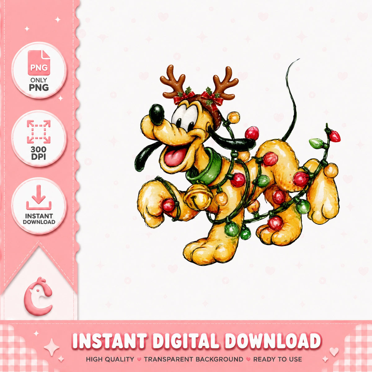 Pluto Reindeer Christmas Lights PNG, Watercolor Pluto PNG, Xmas PNG