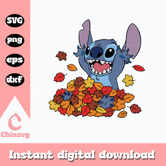 Stitch Fall Leaf Pile halloween Svg, Digital Download